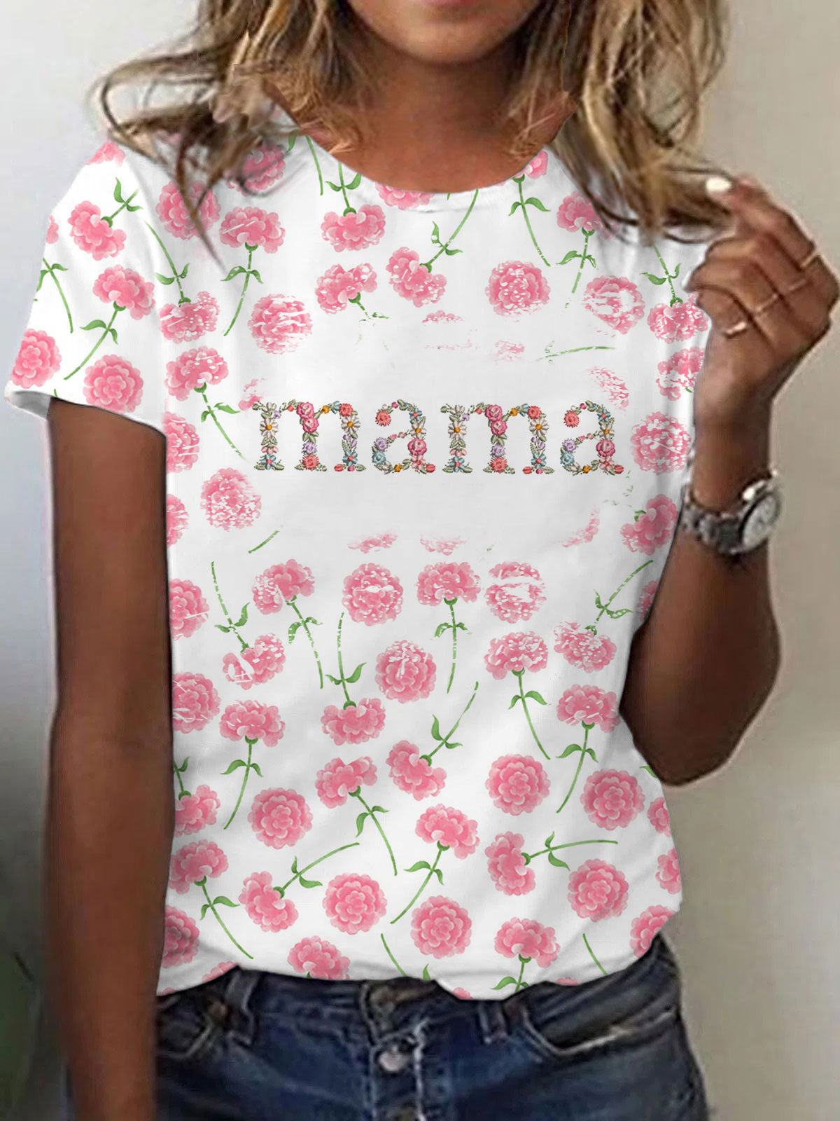 Women's Mother's Day MAMA In Floral Printed Short-sleeved T-shirt