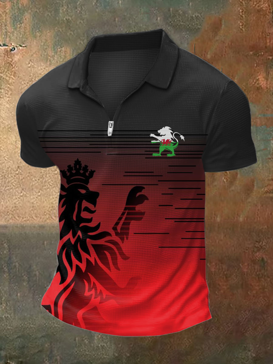 Men's Welsh Red Dragon Print Polo Neck Plunger Short Sleeve T-Shirt