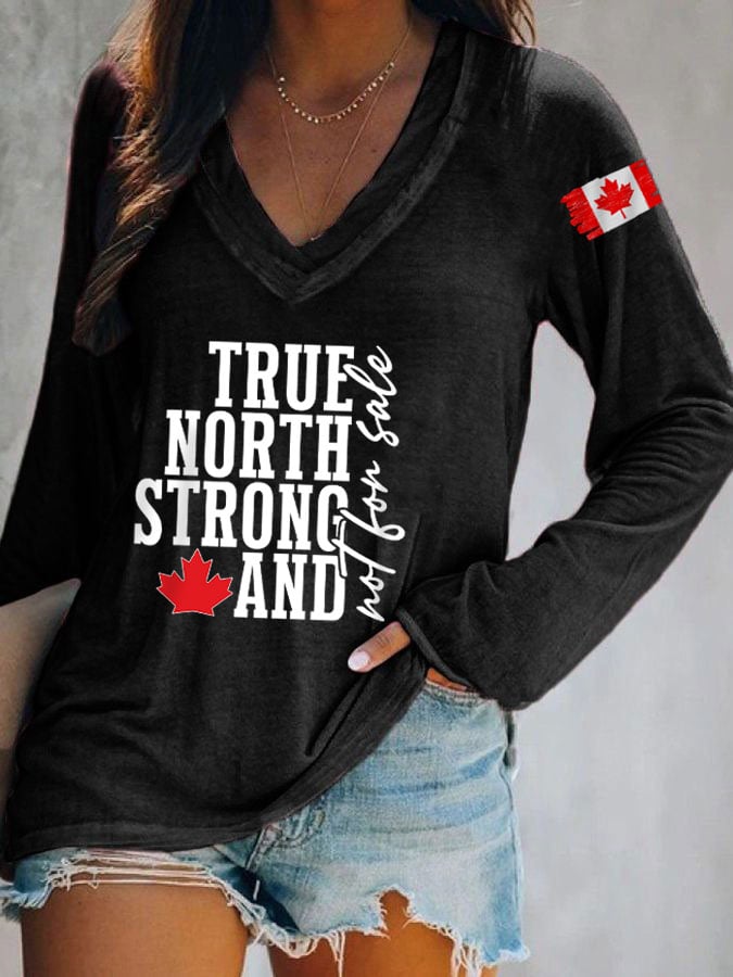 Women's True North Strong Canadian Flag Print V-Neck Long Sleeve T-Shirt