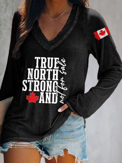 Women's True North Strong Canadian Flag Print V-Neck Long Sleeve T-Shirt