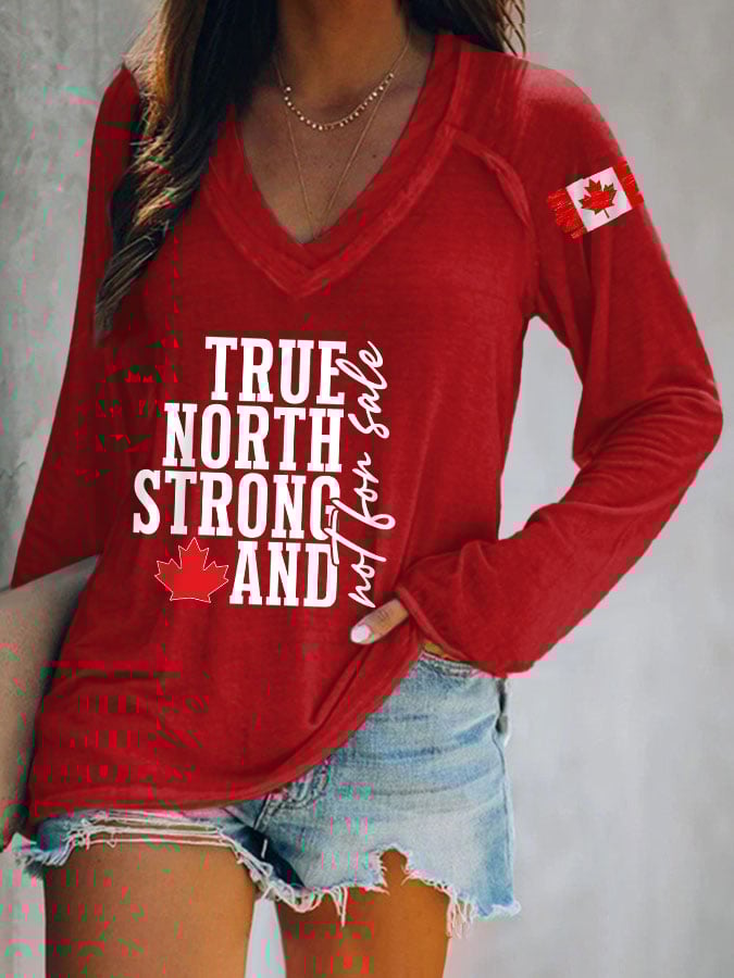 Women's True North Strong Canadian Flag Print V-Neck Long Sleeve T-Shirt