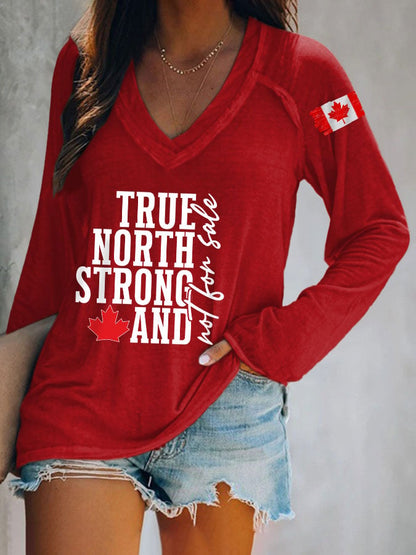 Women's True North Strong Canadian Flag Print V-Neck Long Sleeve T-Shirt