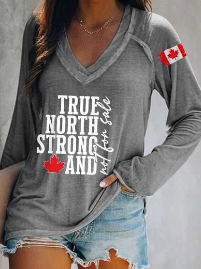 Women's True North Strong Canadian Flag Print V-Neck Long Sleeve T-Shirt