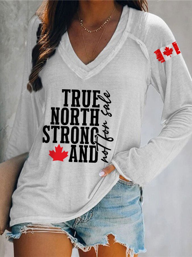 Women's True North Strong Canadian Flag Print V-Neck Long Sleeve T-Shirt