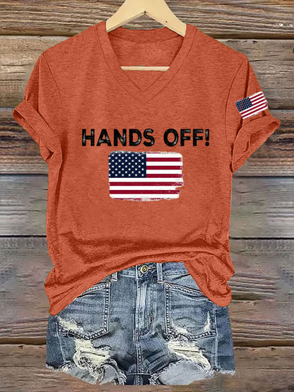 Women's Hands Off  America Flag Printed Short Sleeve T-Shirt