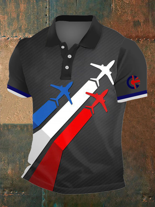 Men's Aircraft Print Polo Neck Plunger Short Sleeve T-Shirt